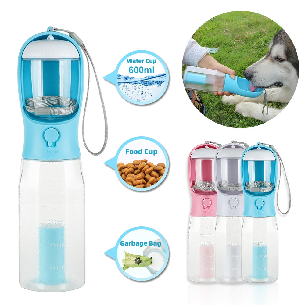 Portable 3-in-1 dog water bottle with food storage and waste bag dispenser, shown in use with a dog outdoors